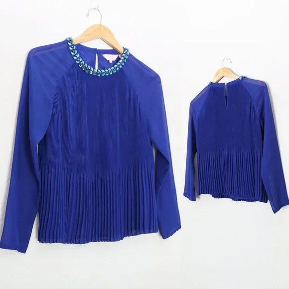 Ted Baker Lovina Jewel Embellished Accordion Pleated Blouse Cobalt Royal Blue 4 - Picture 14 of 16